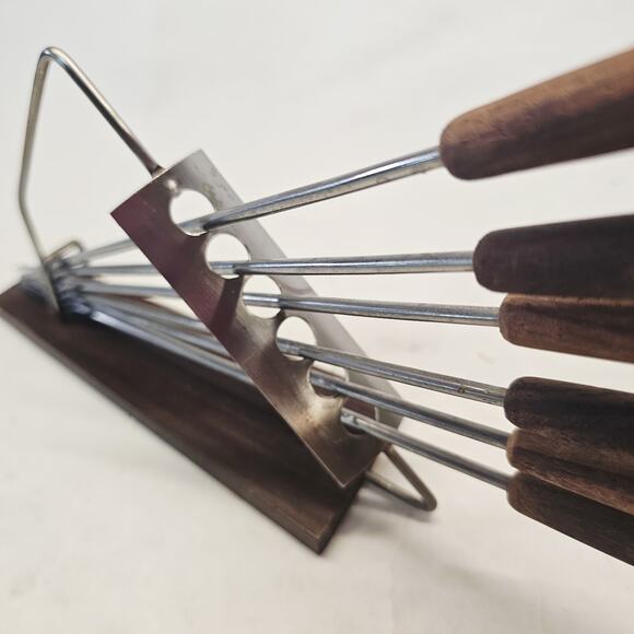 Mid-century Fondue Skewers Forks With Holder wood Handles & Base Retro Japan MCM - Picture 6 of 10
